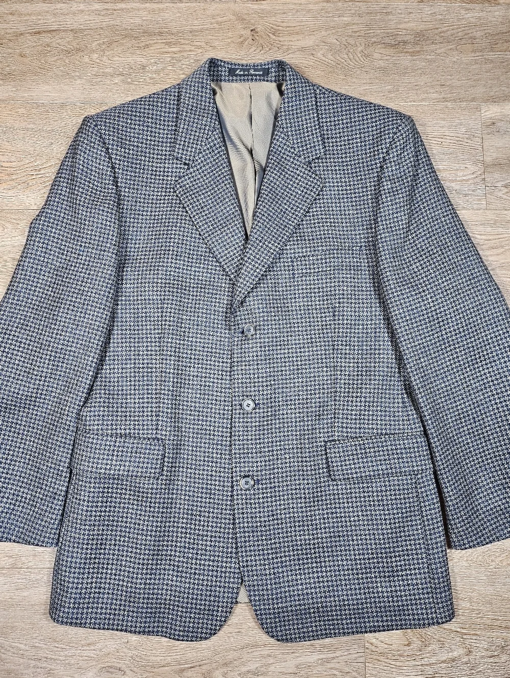 Vintage J Riggings 100% Wool Tweed Blue Tan Houndstooth Sport Coat Blazer 42R